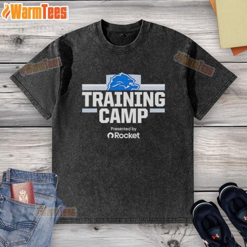Nice Detroit Lions Training Camp t-shirt presented by Rocket, featuring team colors and logo for fans and players alike.