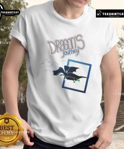 Alt Text: Colorful cartoon fantasy dragon flying on a T-shirt, titled 'Nice Dragon's Journey', perfect for dragon lovers.