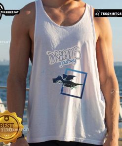 Cartoon fantasy dragon flying over a landscape, featured on a trendy tank top design titled 'Nice Dragons Journey'.