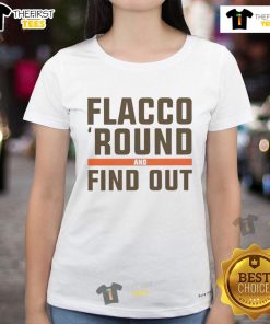 Nice Flacco Round and Find Out Cleveland Browns ladies tee featuring a stylish design for female fans.