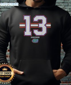 Alt Text: Jadan Baugh wearing a Florida Gators Number 13 stripe hoodie, showcasing team spirit and style in vibrant colors.