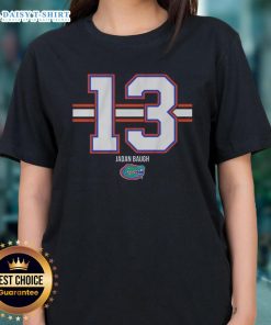 Alt Text: Nice Florida Gators Football Jadan Baugh Number 13 Stripe Ladies Tee in vibrant blue and orange colors