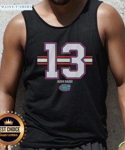 Alt Text: Jadan Baugh wearing a Florida Gators football stripe tank top, showcasing number 13 in vibrant team colors.