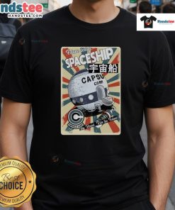 Retro spaceship graphic on 'Ride The Future' T-shirt design, showcasing a vibrant, futuristic style for fans.