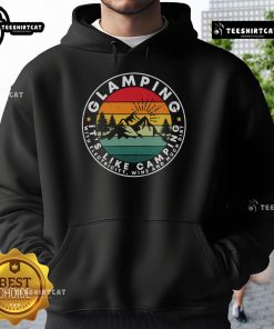 Cozy vintage sunset hoodie for glamping, featuring electricity, wine, and dirt for a luxurious camping experience.