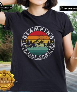 Vintage sunset tee for ladies featuring 'Nice Glamping: It's Like Camping with Electricity, Wine, and Dirt' design.