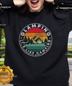 Cozy vintage sweatshirt featuring 'Nice Glamping' design, perfect for camping with electricity and wine at sunset.
