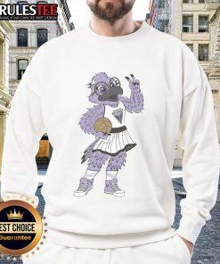 Alt Text: Violet the Raven mascot poses in a Nice Golden State Valkyries WNBA sweatshirt, showcasing team spirit and style.