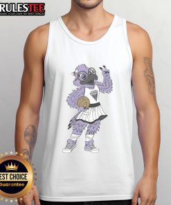 Violet the Raven mascot poses in a Nice Golden State Valkyries WNBA tank top, showcasing team spirit and vibrant colors.