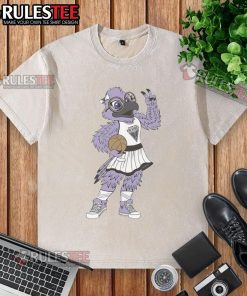 Alt Text: Violet the Raven mascot poses in a nice golden state Valkyries WNBA washed t-shirt, showcasing team spirit.