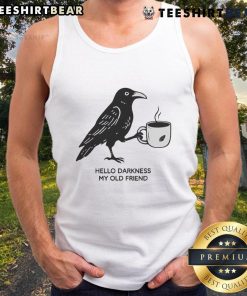 Stylish Crow Coffee tank top featuring 'Hello Darkness My Old Friend' design, perfect for casual wear and coffee lovers.