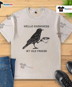 Alt Text: Nice Hello Darkness My Old Friend crow graphic washed t-shirt in black, perfect for casual wear and music lovers.