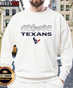 Nice Houston Texans football homage youth sweatshirt featuring love sign hand signals in team colors.