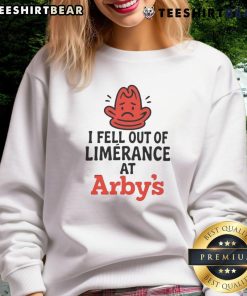 Cozy 'Nice, I Fell Out of Limerence at Arby's' sweatshirt showcasing a unique design perfect for casual wear.