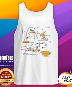 Person wearing 'Nice I Like Trams I Like Riding Them' tank top while enjoying a tram ride in an urban setting.