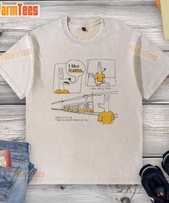 Washed T-shirt with 'Nice, I Like Trams, I Like Riding Them' printed design, perfect for tram enthusiasts and casual wear.