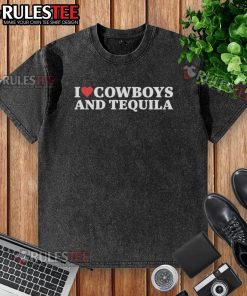 Washed t-shirt featuring 'Nice, I Love Cowboys and Tequila' graphic, perfect for casual wear and cowboy enthusiasts.
