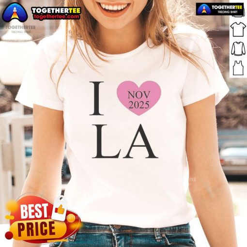 Ladies tee featuring 'I Love LA' design, perfect for casual wear, showcasing love for Los Angeles, November 2025.
