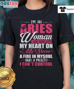Aries woman graphic tee featuring heart, fire, and bold text expressing fierce personality and confidence.