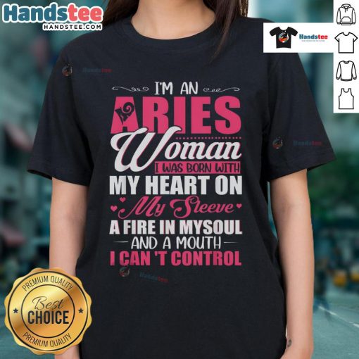 Aries woman graphic tee featuring heart, fire, and bold text expressing fierce personality and confidence.