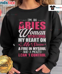 Aries woman sweatshirt with 'Heart on my sleeve, fire in my soul' design, perfect for astrology lovers.