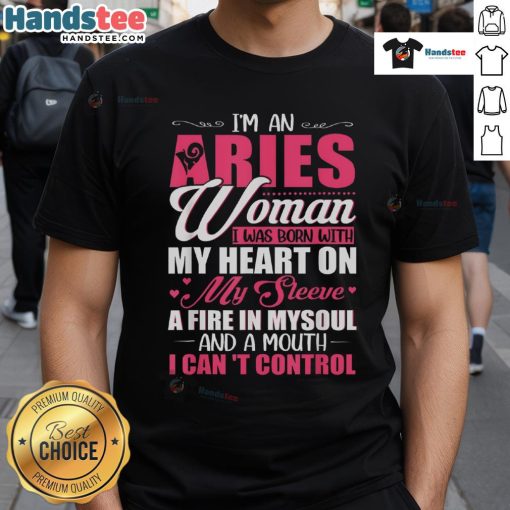 Aries woman t-shirt featuring 'Born With My Heart On My Sleeve' design, showcasing fire and personality. Perfect for astrology lovers.
