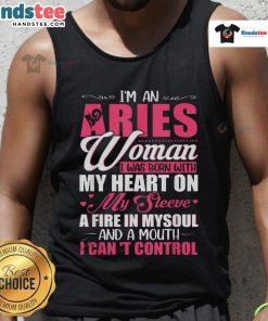 Alt Text: Aries woman tank top featuring bold text Born with my heart on my sleeve expressing fiery personality and confidence.