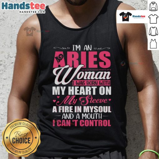 Alt Text: Aries woman tank top featuring bold text Born with my heart on my sleeve expressing fiery personality and confidence.