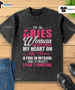 Aries woman wearing a stylish washed t-shirt with a heart on the sleeve, showcasing her fiery personality and bold expression.