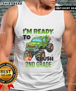 Child wearing 'I'm Ready to Crush 2nd Grade' monster truck tank top, showcasing fun and playful school spirit.