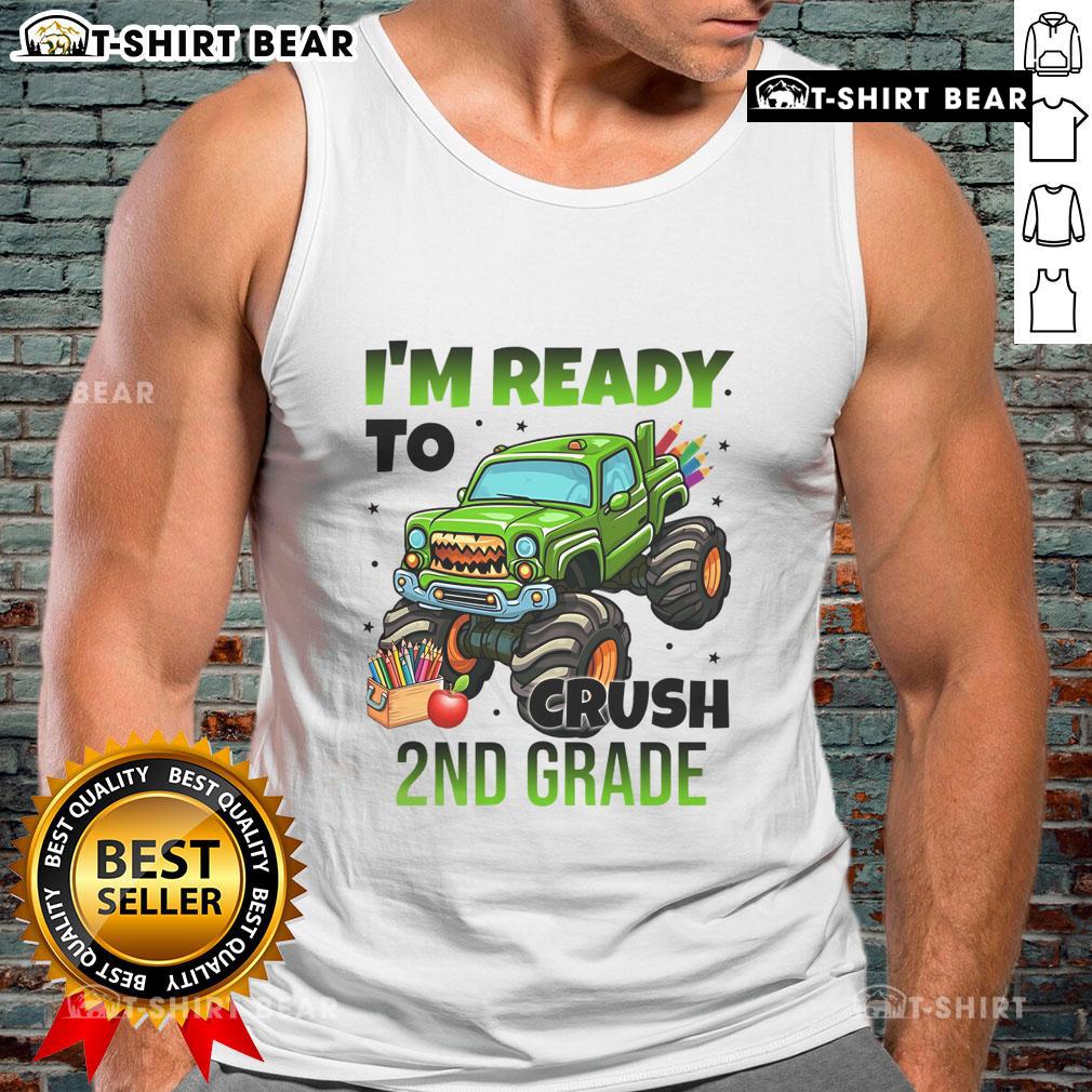 Nice I'M Ready To Crush 2Nd Grade Monster Truck Tank Top Child wearing 'I'm Ready to Crush 2nd Grade' monster truck tank top, showcasing fun and playful school spirit.