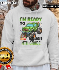 Child wearing a 'Nice I'm Ready to Crush 4th Grade' monster truck hoodie, excited and ready for school adventures.