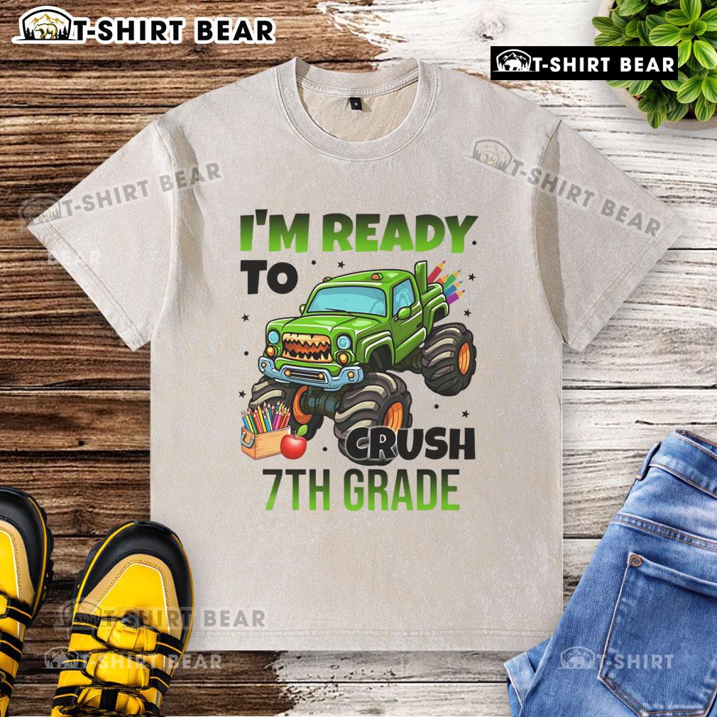 Nice I'M Ready To Crush 7Th Grade Monster Truck Washed T Shirt Boy wearing a washed t-shirt with a monster truck design, excited and ready to crush 7th grade challenges.