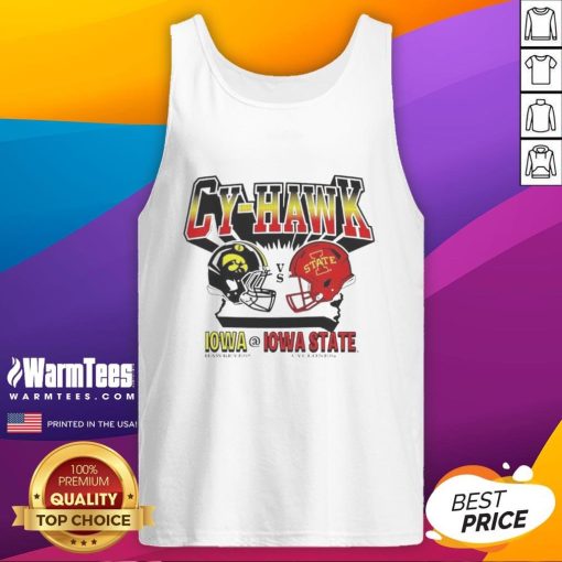 Alt Text: Stylish Nice Iowa Hawkeyes vs Iowa State Cyclones Cy-Hawk tank top for fans of college football rivalry.