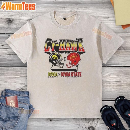Nice Iowa Hawkeyes vs Iowa State Cyclones Cy-Hawk washed t-shirt featuring team logos and vibrant colors.