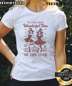 Womens Halloween witch tee featuring 'It's The Most Wonderful Time Of The Year' design for festive fall celebrations.