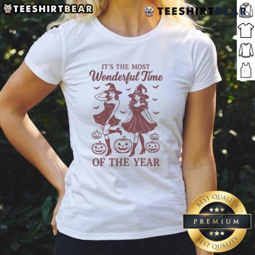 Womens Halloween witch tee featuring 'It's The Most Wonderful Time Of The Year' design for festive fall celebrations.