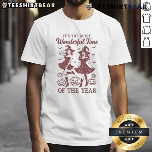 Alt Text: Halloween Witch T-Shirt featuring 'It's The Most Wonderful Time Of The Year' design, perfect for Halloween festivities.