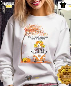 Cozy sweatshirt featuring Jack and Sally with Halloween pumpkin design, perfect for autumn tree lovers.