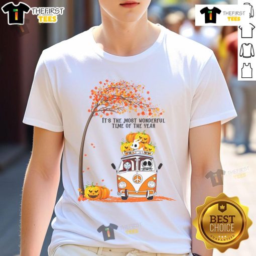 Nice Jack and Sally Halloween pumpkin design on a t-shirt with autumn trees, perfect for festive fall celebrations.
