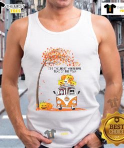 Nice Jack and Sally Halloween pumpkin design on a van, surrounded by autumn trees, featured on a stylish tank top.