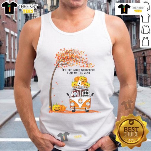Nice Jack and Sally Halloween pumpkin design on a van, surrounded by autumn trees, featured on a stylish tank top.