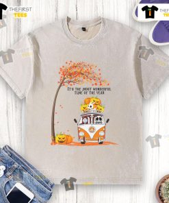 Nice Jack and Sally Halloween pumpkin van design on autumn tree washed t-shirt for festive fall fashion.