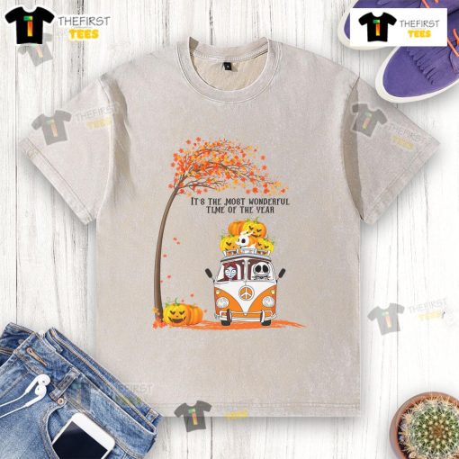 Nice Jack and Sally Halloween pumpkin van design on autumn tree washed t-shirt for festive fall fashion.