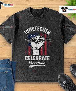 Juneteenth celebration t-shirt featuring a washed American flag design, symbolizing freedom and heritage.