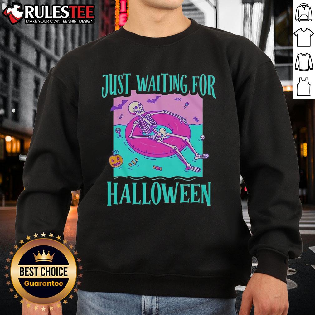 Nice Just Waiting For Halloween Skeleton Sweatshirt Alt Text: Stylish skeleton sweatshirt featuring 'Just Waiting for Halloween' design, perfect for spooky season fashion.