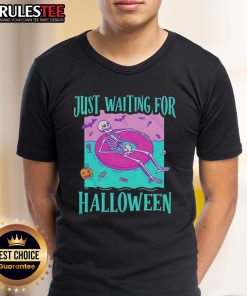Alt Text: Nice Just Waiting For Halloween Skeleton T-Shirt featuring a playful skeleton design perfect for spooky season.