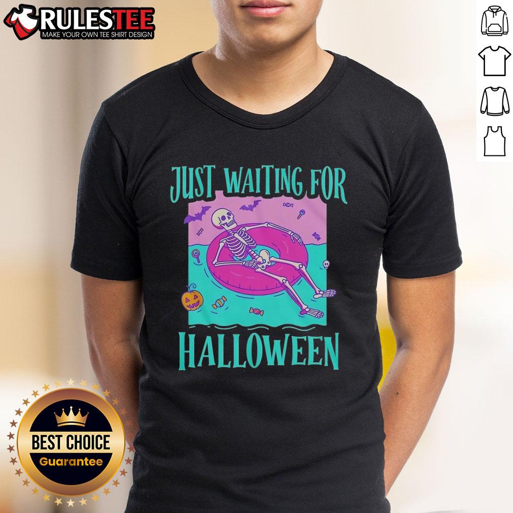 Nice Just Waiting For Halloween Skeleton T Shirt Alt Text: Nice Just Waiting For Halloween Skeleton T-Shirt featuring a playful skeleton design perfect for spooky season.