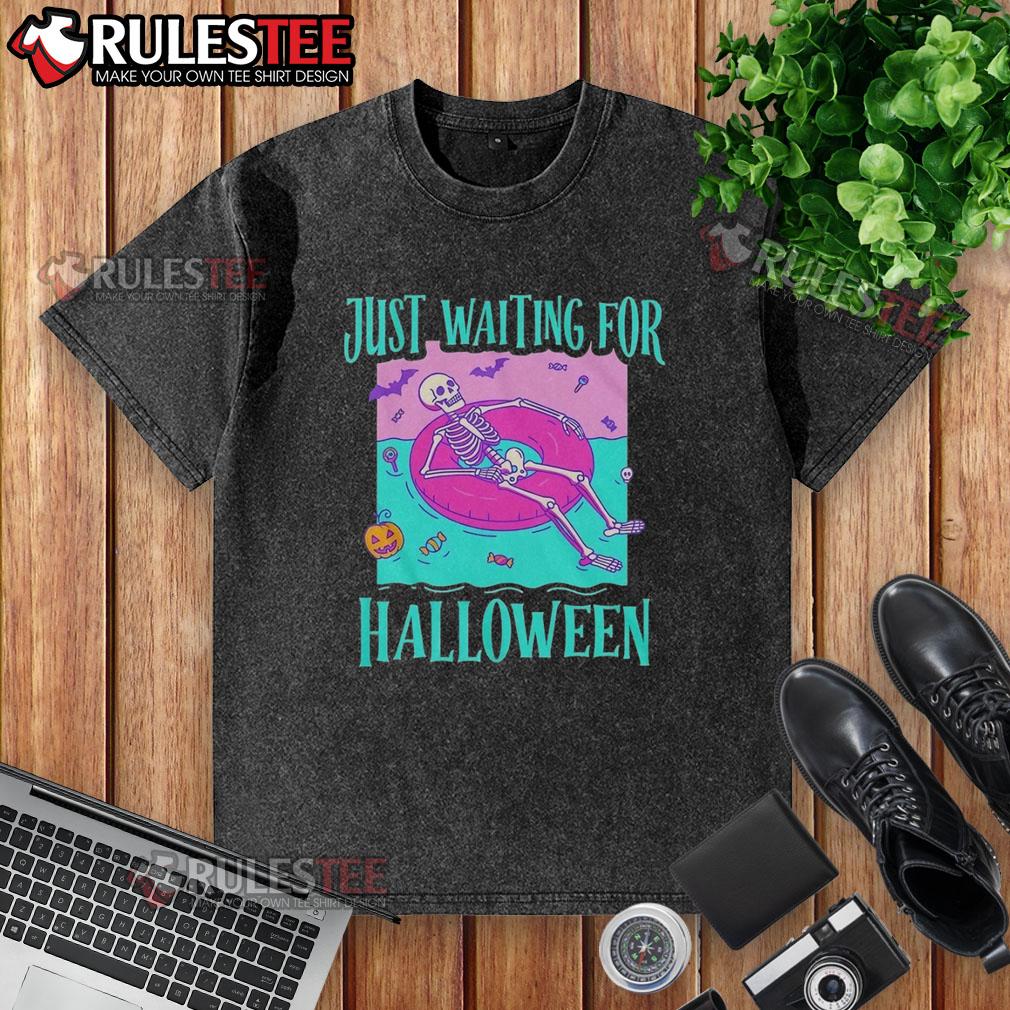 Nice Just Waiting For Halloween Skeleton Washed T Shirt Skeleton design on a washed t-shirt, perfect for Halloween celebrations and spooky season attire.