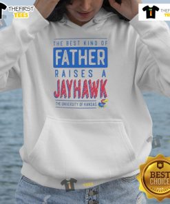 Alt Text: Father and child wearing 'The Best Kind of Father Raises a Jayhawk' hoodie, showing Kansas Jayhawks pride.